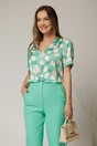 Bluza dama verde cu imprimeu lalele si maneci scurte, 1, dyfashion.ro
