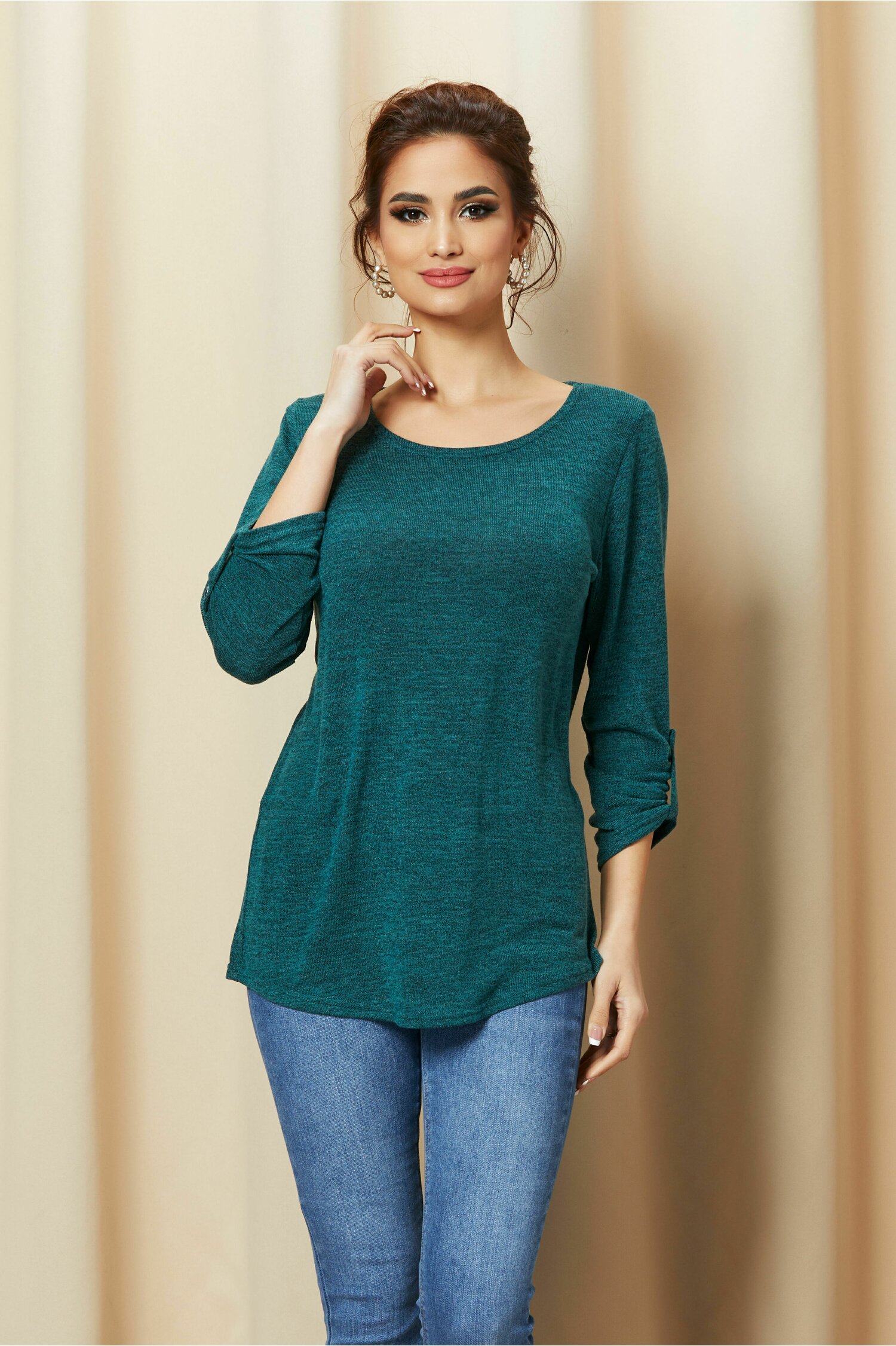 Bluza Damia verde cu maneci trei sferturi