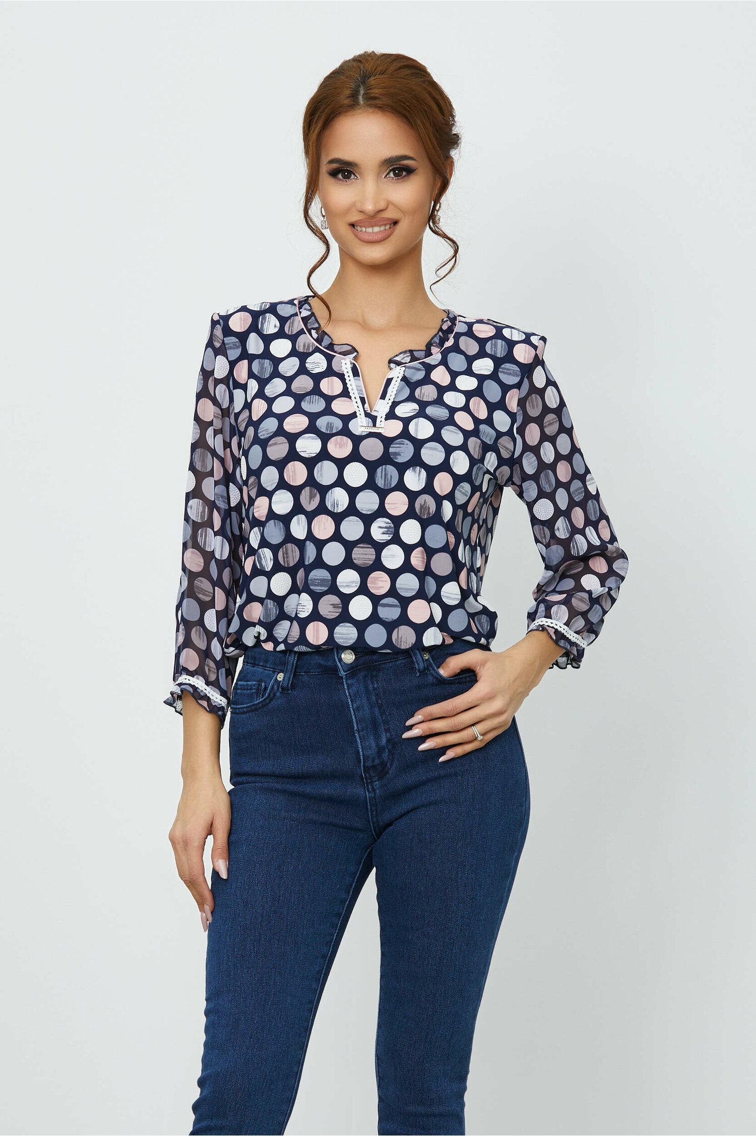 Bluza daniela bleumarin cu imprimeu buline roz-gri