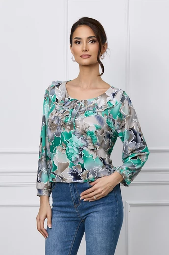 Bluza Daria gri cu imprimeuri florale verzi