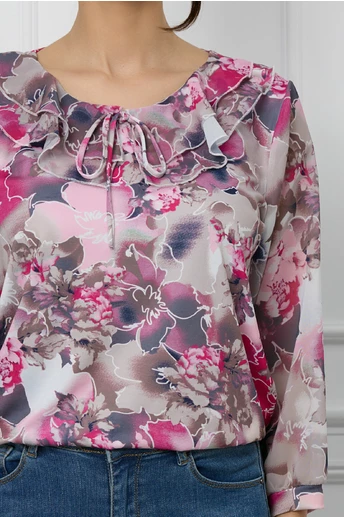 Bluza Daria maro cu imprimeuri florale fucsia