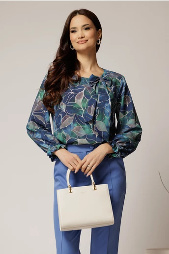 Bluza din voal cu imprimeu albastru si funda la decolteu