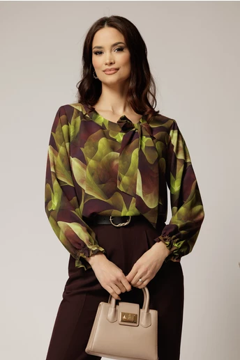 Bluza din voal cu imprimeu verde bordo si funda la decolteu