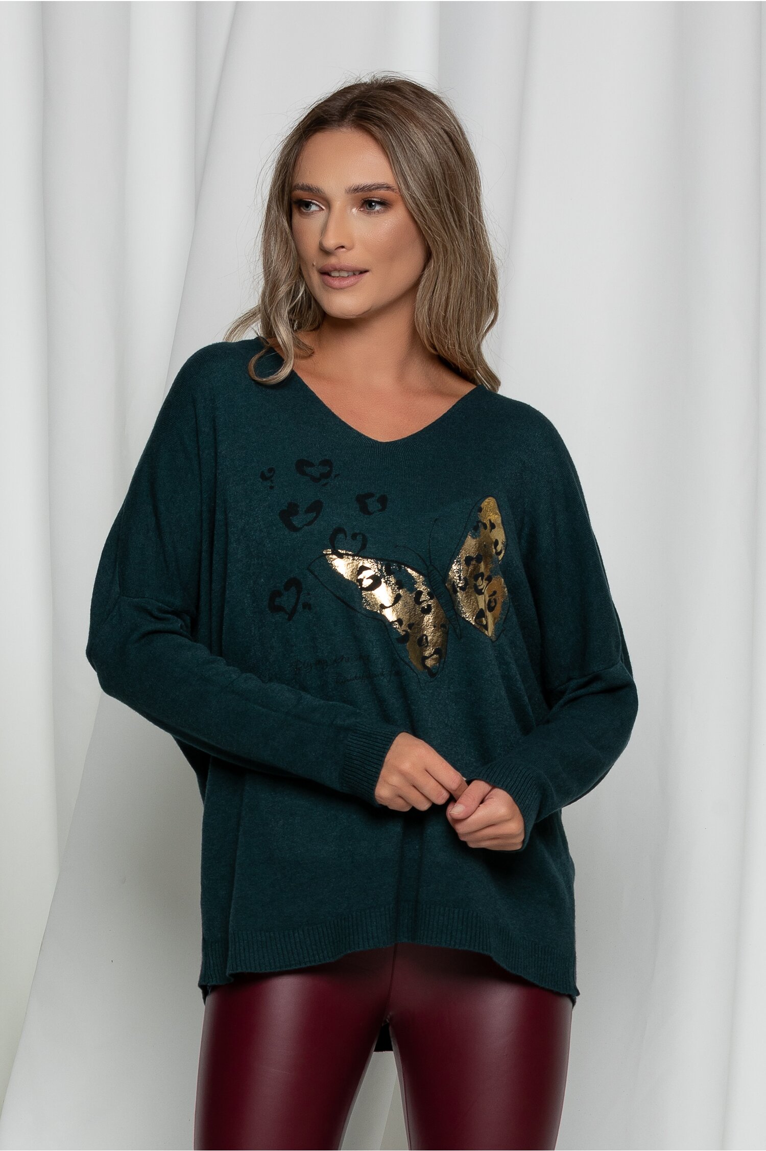 Bluza doris albastru petrol cu imprimeu fluture