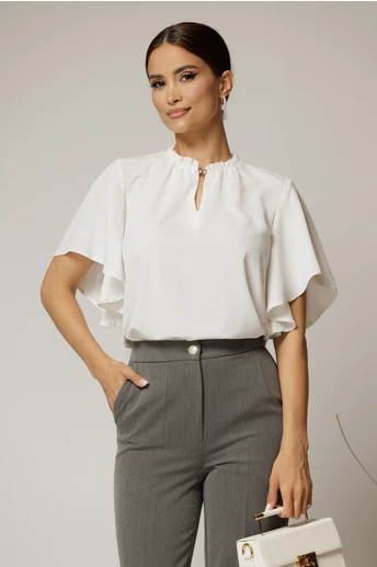 Bluza DY Fashion alba cu cret la guler si decupaj la decolteu