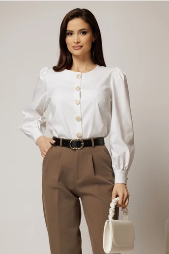 Bluza DY Fashion alba din bumbac cu maneci lungi si nasturi eleganti