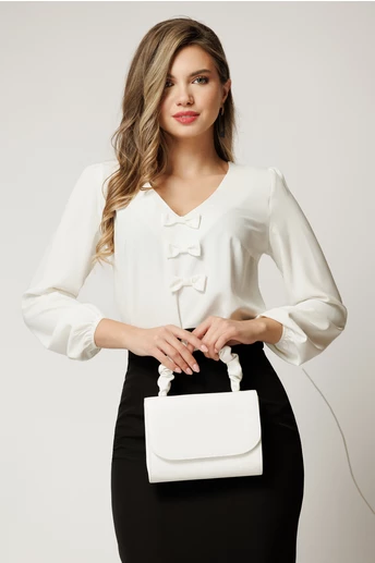 Bluza DY Fashion alba office din voal plin cu funde pe bust