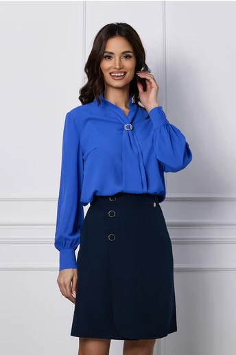 Bluza Dy Fashion albastra cu aplicatie tip esarfa si decolteu in V