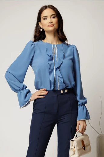 Bluza DY Fashion albastra cu volanase si perle elegante din voal plin