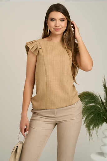 Bluza DY Fashion casual din panza bej cu dungi si maneci plisate