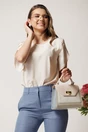 Bluza DY Fashion bej lejera din voal cu perle la decolteu, 1, dyfashion.ro