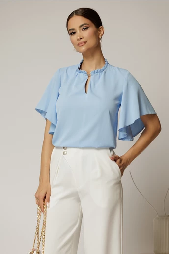 Bluza DY Fashion bleu cu cret la guler si decupaj la decolteu