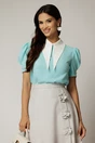 Bluza DY Fashion bleu cu guler ascutit si maneci scurte cu nasturi, 1, dyfashion.ro