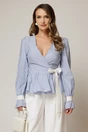 Bluza DY Fashion bleu in dungi din poplin cu decolteu petrecut si maneci evazate, 1, dyfashion.ro