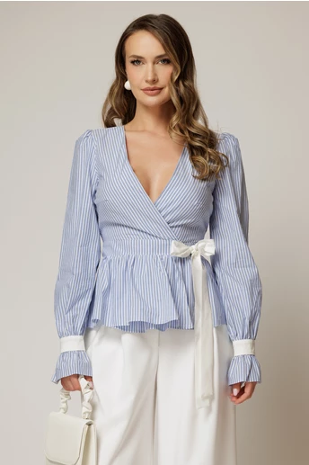 Bluza DY Fashion bleu in dungi din poplin cu decolteu petrecut si maneci evazate