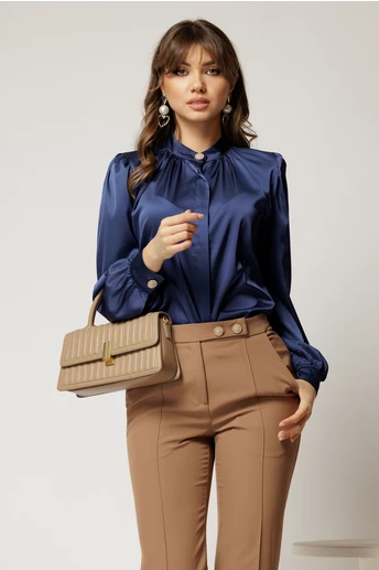 Bluza DY Fashion bleumarin din satin cu guler tunica si nasture elegant