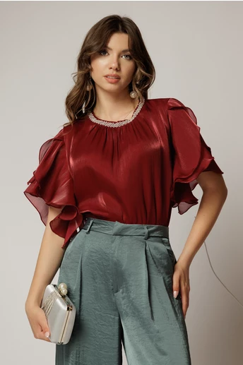 Bluza DY Fashion bordo din voal peliculizat cu maneci suprapuse