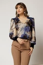 Bluza DY Fashion din catifea cu imprimeu albastru si decolteu in V, 1, dyfashion.ro