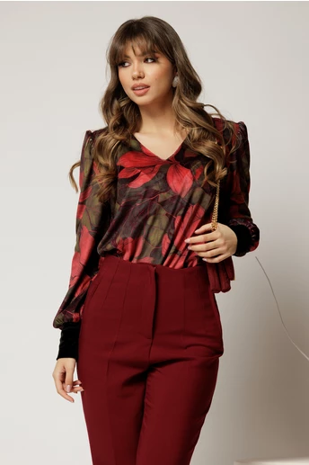 Bluza DY Fashion din catifea cu imprimeu rosu si decolteu in V