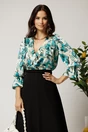 Bluza DY Fashion din satin ivory cu imprimeuri turcoaz si decolteu petrecut, 1, dyfashion.ro