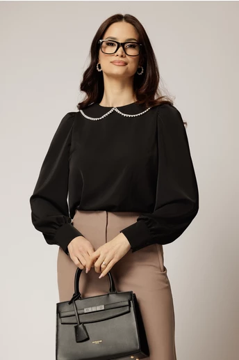 Bluza DY Fashion eleganta din triplu voal neagra cu detalii perlate la guler