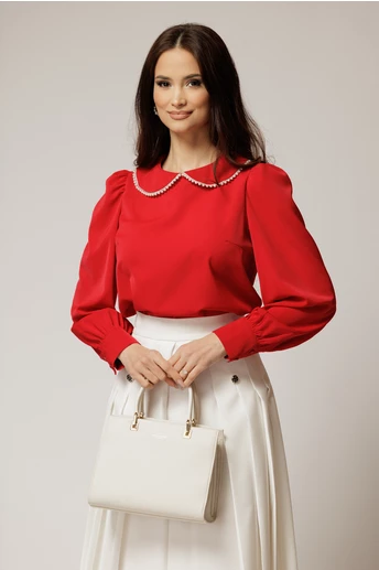 Bluza DY Fashion eleganta din triplu voal rosie cu detalii perlate la guler