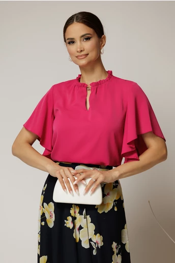 Bluza DY Fashion fucsia cu cret la guler si decupaj la decolteu