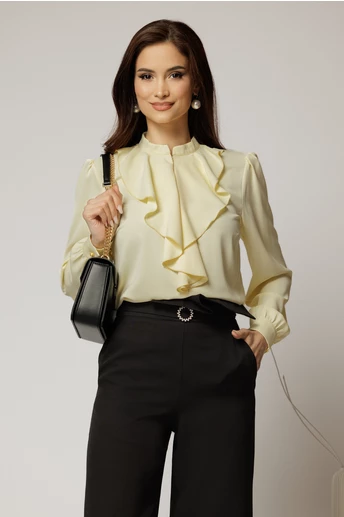 Bluza DY Fashion galbena cu volanas maxi la decolteu din voal plin