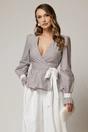 Bluza DY Fashion gri in dungi din poplin cu decolteu petrecut si maneci evazate, 1, dyfashion.ro