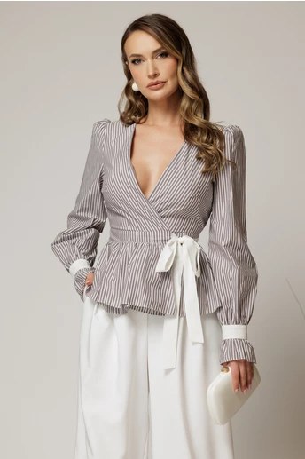 Bluza DY Fashion gri in dungi din poplin cu decolteu petrecut si maneci evazate