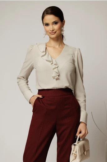 Bluza DY Fashion ivoar din voal plin cu decolteu in V si volanas