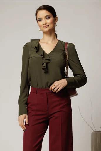 Bluza DY Fashion kaki din voal plin cu decolteu in V si volanas