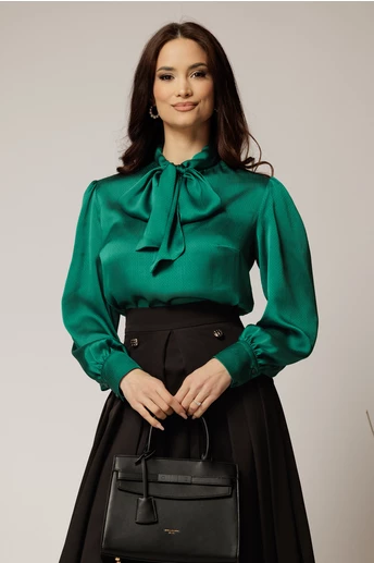 Bluza DY Fashion lejera verde din triplu voal cu guler tip esarfa