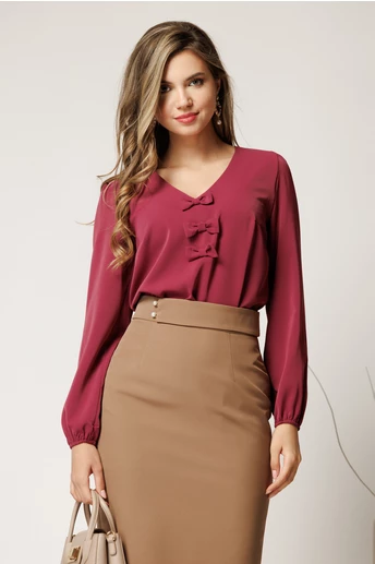 Bluza DY Fashion magenta office din voal plin cu funde pe bust