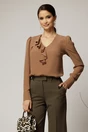 Bluza DY Fashion maro camel din voal plin cu decolteu in V si volanas, 1, dyfashion.ro