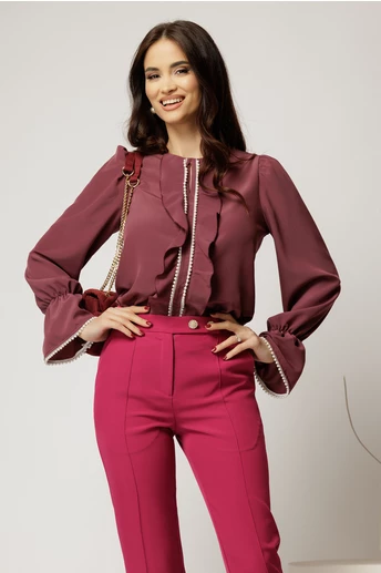 Bluza DY Fashion mov pruna cu volanase si perle elegante din voal plin