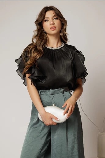 Bluza DY Fashion neagra din voal peliculizat cu maneci suprapuse