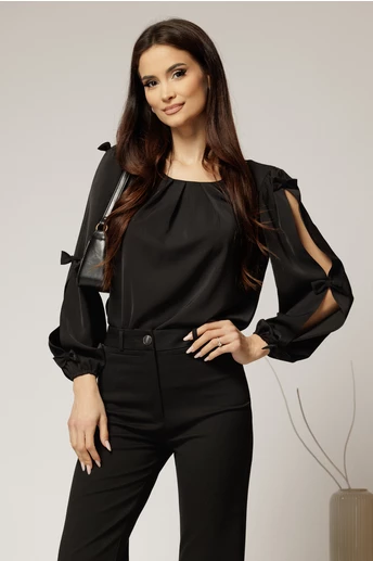 Bluza Dy Fashion neagra din voal plin cu maneci crapate si fundite