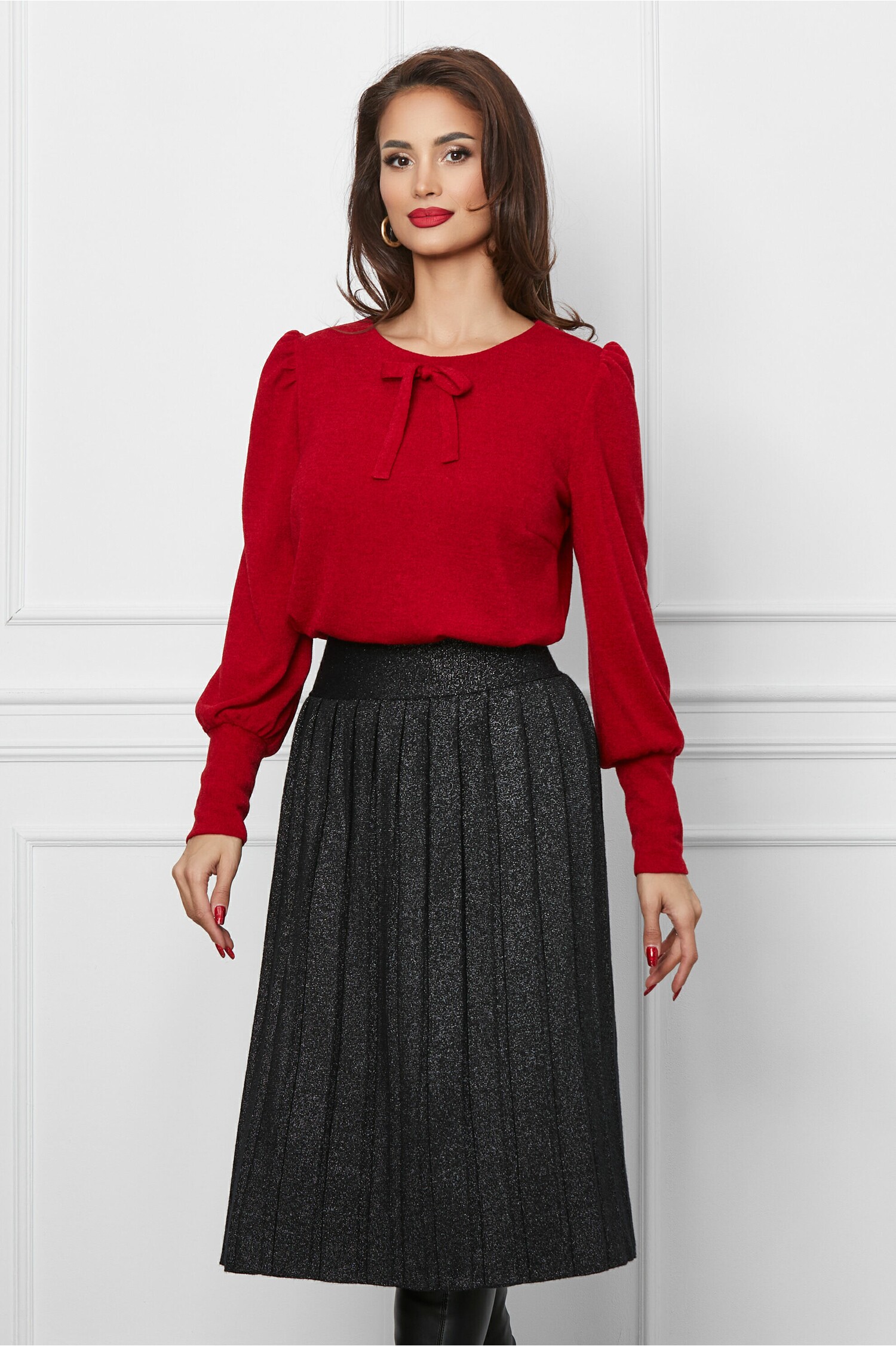 Bluza Dy Fashion rosie din tricot cu funda la bust