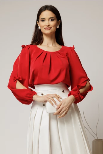 Bluza Dy Fashion rosie din voal plin cu maneci crapate si fundite