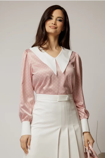 Bluza DY Fashion roz cu buline cu gulerul ascutit din satin