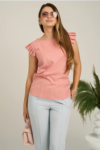 Bluza DY Fashion casual din panza roz cu dungi si maneci plisate