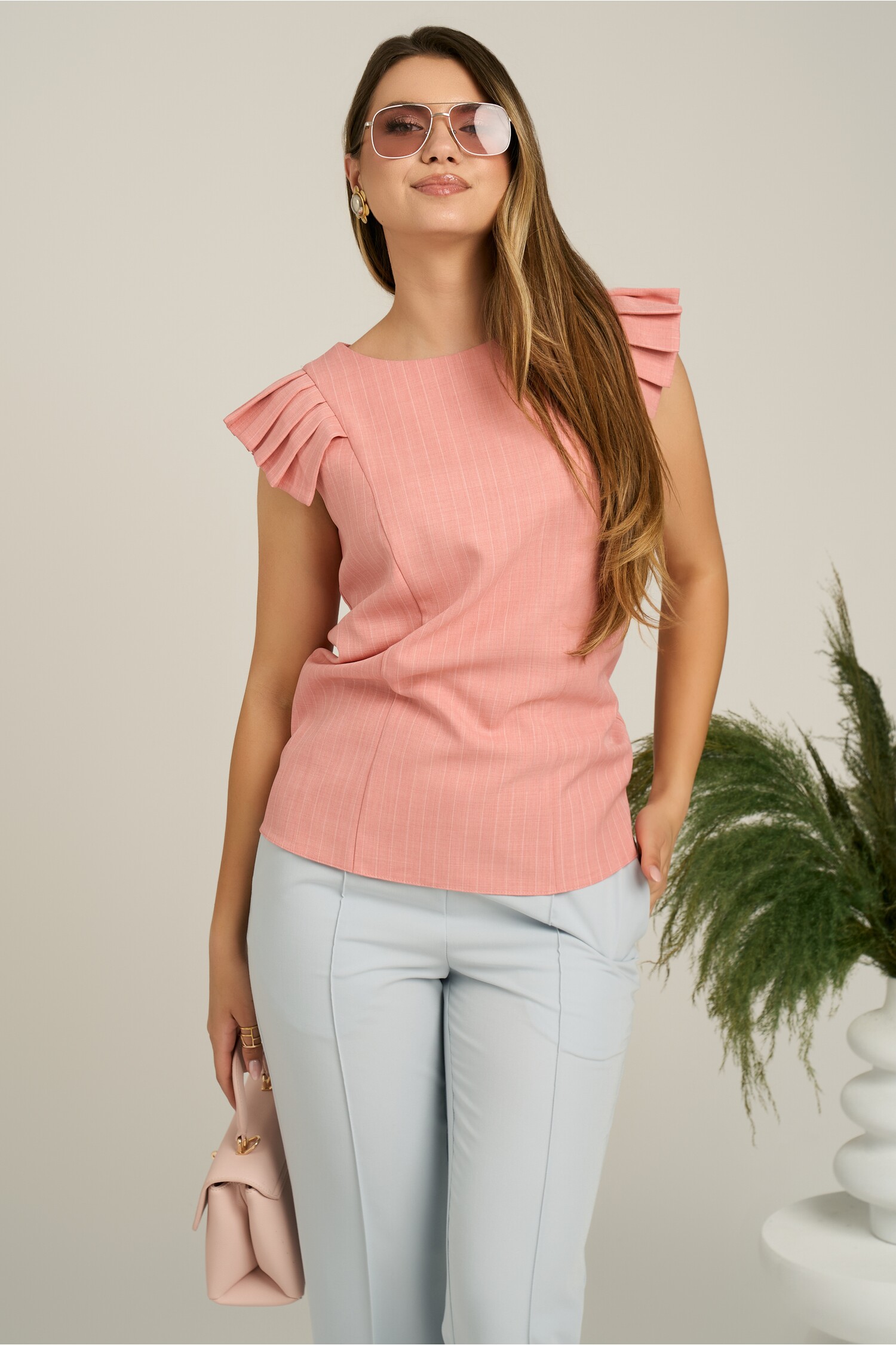 Bluza DY Fashion casual din panza roz cu dungi si maneci plisate
