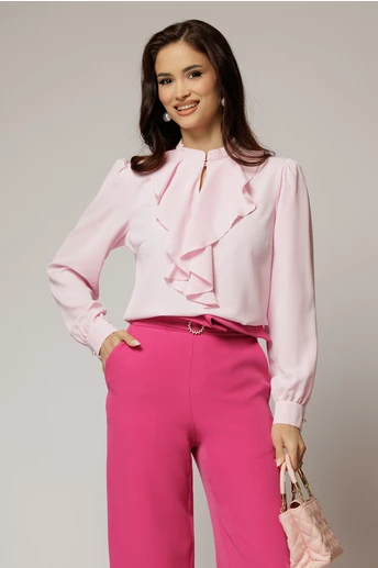 Bluza DY Fashion roz cu volanas maxi la decolteu din voal plin