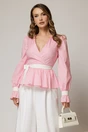 Bluza DY Fashion roz in dungi din poplin cu decolteu petrecut si maneci evazate, 1, dyfashion.ro