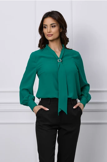 Bluza Dy Fashion verde cu aplicatie tip esarfa si decolteu in V