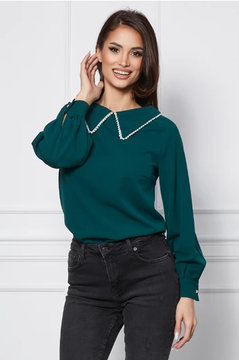 Bluza Dy Fashion verde cu guler accesorizat