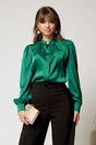 Bluza DY Fashion verde din satin cu guler tunica si nasture elegant, 1, dyfashion.ro