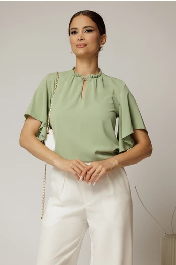 Bluza DY Fashion verde fistic cu cret la guler si decupaj la decolteu