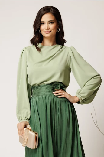 Bluza DY Fashion verde mint din triplu voal cu pliuri pe umar